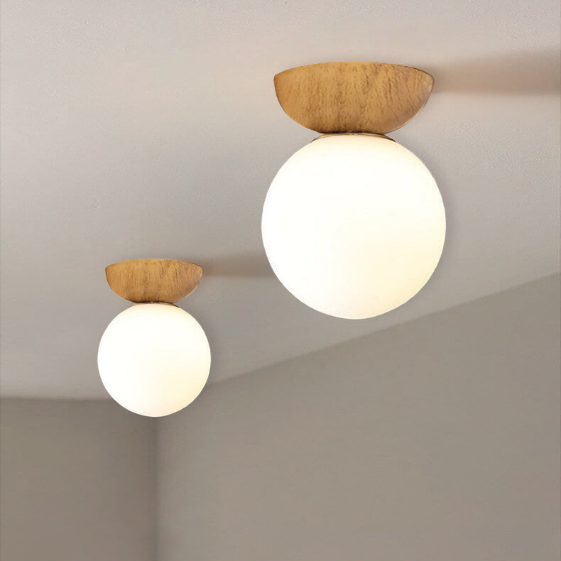Nordische Japanische Glas Kugel Holzmaserung Eisen 1-Licht Deckenleuchte 