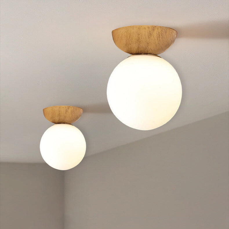 Nordic Japanese Glass Orb Wood Grain Iron 1-Light Ceiling Light