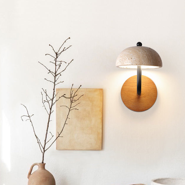 Traditionelle japanische halbrunde beige Travertin Holz LED Wandleuchte Lampe für Schlafzimmer 
