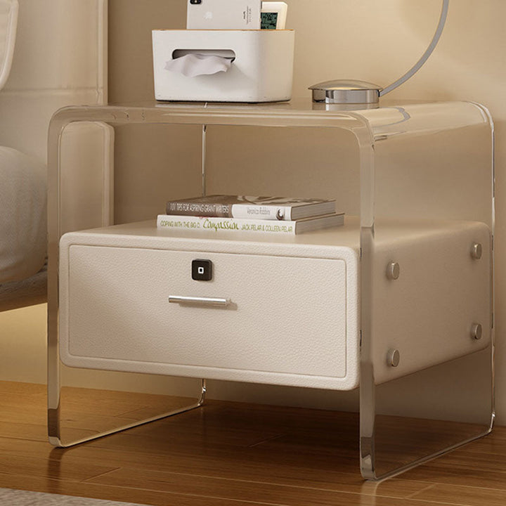 Modern Minimalist Cubic Rectangular Acrylic Pine Wood Microfiber Leather Nightstand 1-Drawer For Bedside