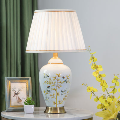 Lampe de table en céramique traditionnelle chinoise avec cylindre, oiseau et fleur, 1 lumière pour chambre à coucher 