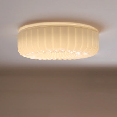 French Minimalist Cream Textured Glass Round LED Flush Mount Ceiling Light