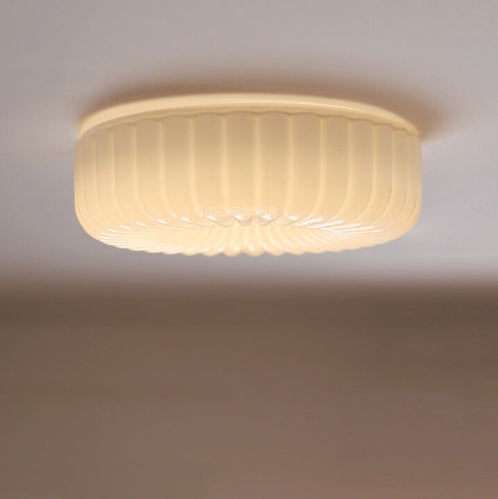 French Minimalist Cream Textured Glass Round LED Flush Mount Ceiling Light