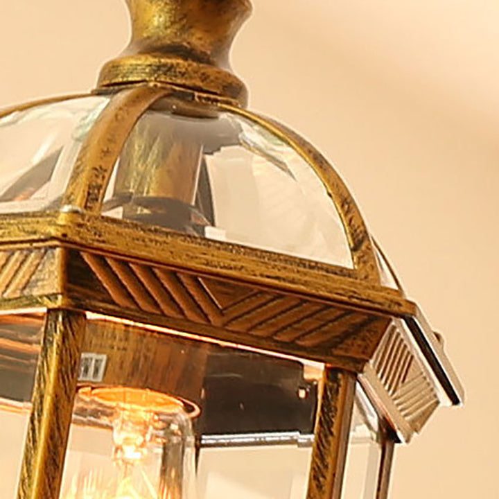 Zeitgenössische Retro sechseckige Laterne Glas Aluminium 1-Licht wasserdichte Pendelleuchte für Terrasse im Freien 