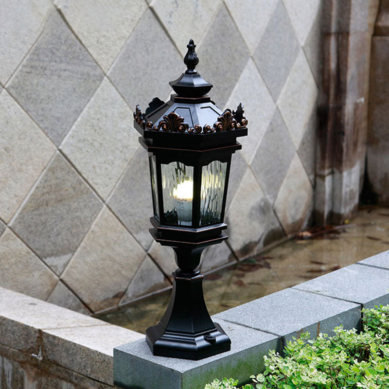 Luz de Poste de Cabeza de 1 Luz de Vidrio de Aluminio Cilíndrico Hexagonal Europeo Tradicional para Patio Exterior 