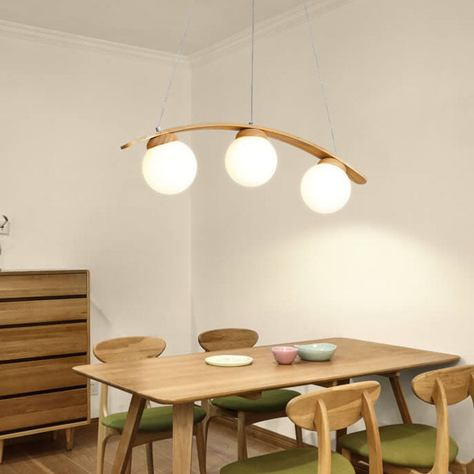 Lustre de l'île à 3 lumières avec cadre en bois Arc Harajuku japonais et boule de verre 