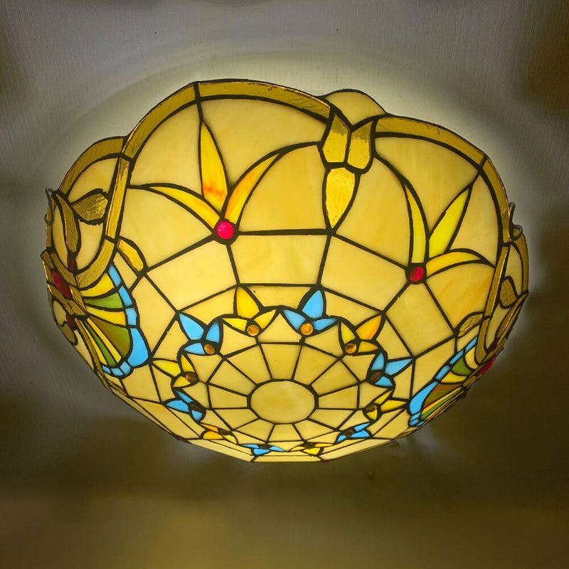 Traditional Tiffany Round Shell Bead Stained Glass 2-Light Flush Mount Ceiling Light For Hallway