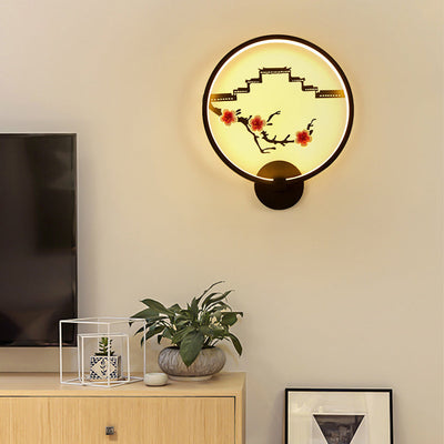 Traditionelle chinesische runde Pflaumenblüte Lotusblatt Aluminium Acryl LED Wandleuchte Lampe für Wohnzimmer 