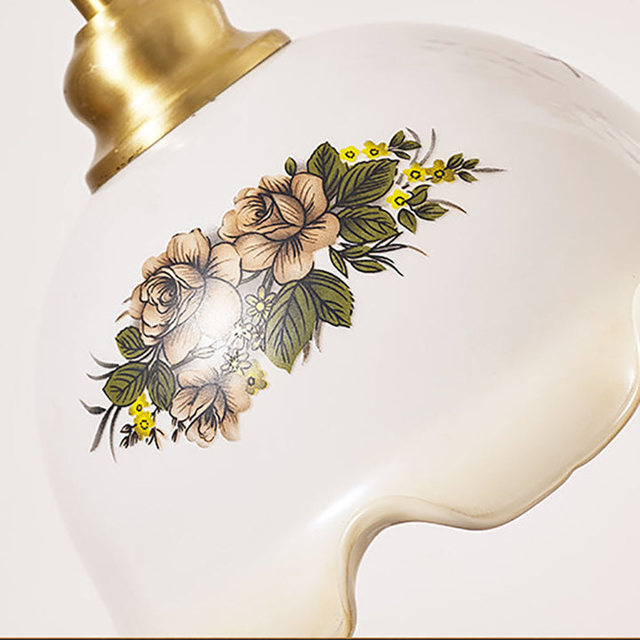 Lampe de Table Traditionnelle Rétro Florale en Bois Massif avec Verre Cuivre à 1 Lumière pour Chambre 