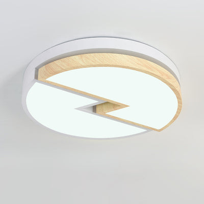 Zeitgenössische nordische runde Holzmaserung Blitz Eisen Acryl LED Unterputz Deckenleuchte für Schlafzimmer 