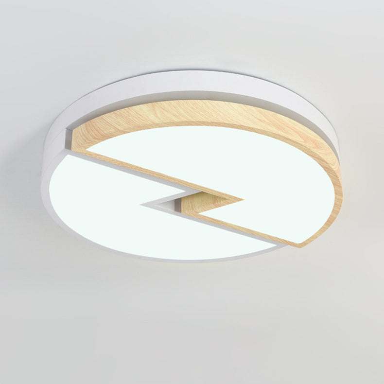Zeitgenössische nordische runde Holzmaserung Blitz Eisen Acryl LED Unterputz Deckenleuchte für Schlafzimmer 