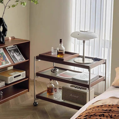 Table d'appoint carrée minimaliste moderne en acier inoxydable, verre et bois avec roulettes triple pour salon 