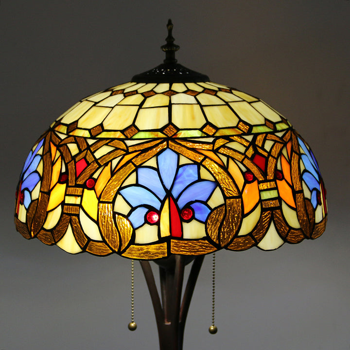 Lampe de sol traditionnelle Tiffany en résine avec dôme semi-circulaire en verre, motif de vache et fleur en diamant à 2 lumières pour salle à manger 