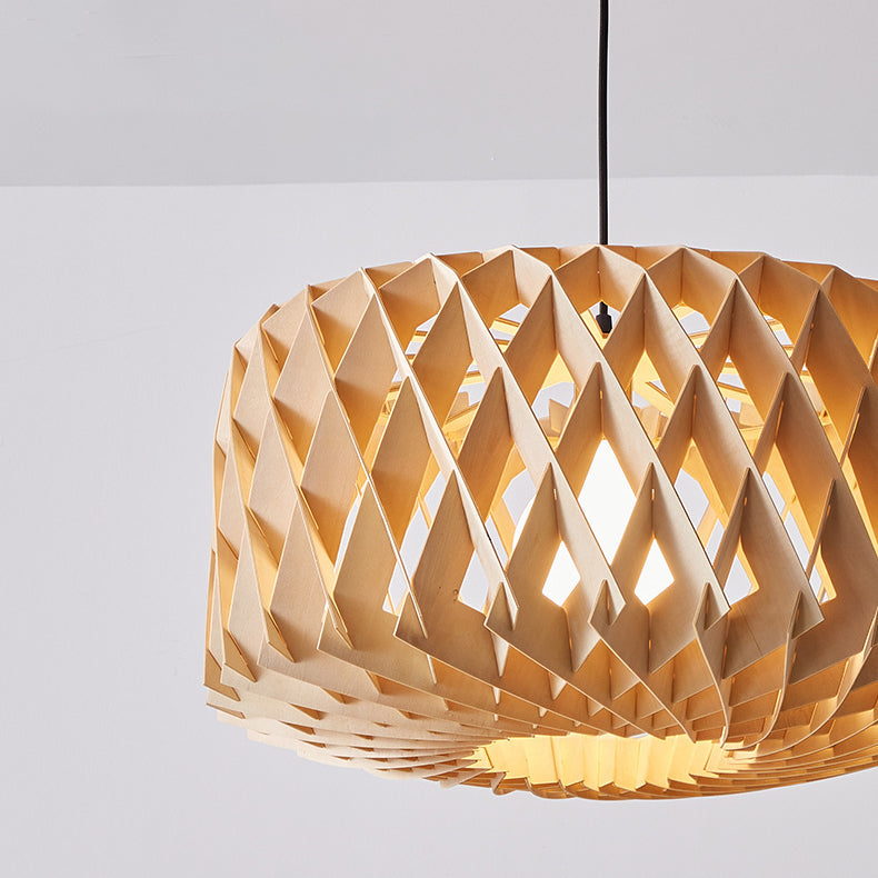 Moderne minimalistische runde Diamant Massivholz Skelett 1-Licht Pendelleuchte für Wohnzimmer 