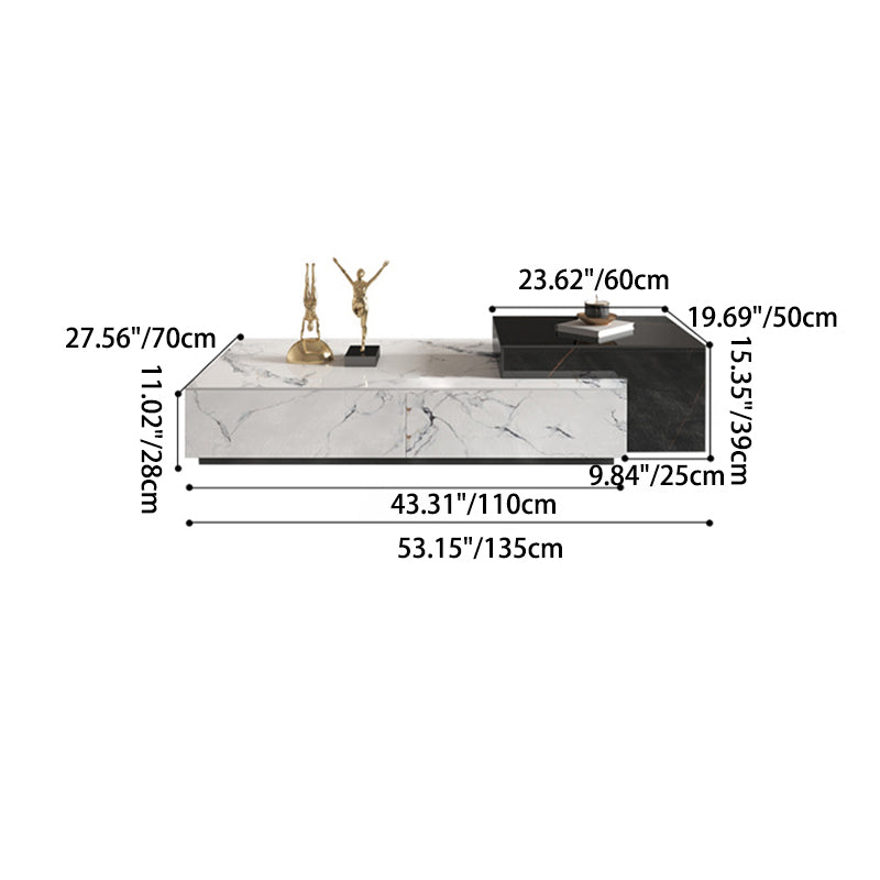 Mesa de café de madera rectangular cuadrada minimalista moderna con placa de piedra y 4 cajones para sala de estar 