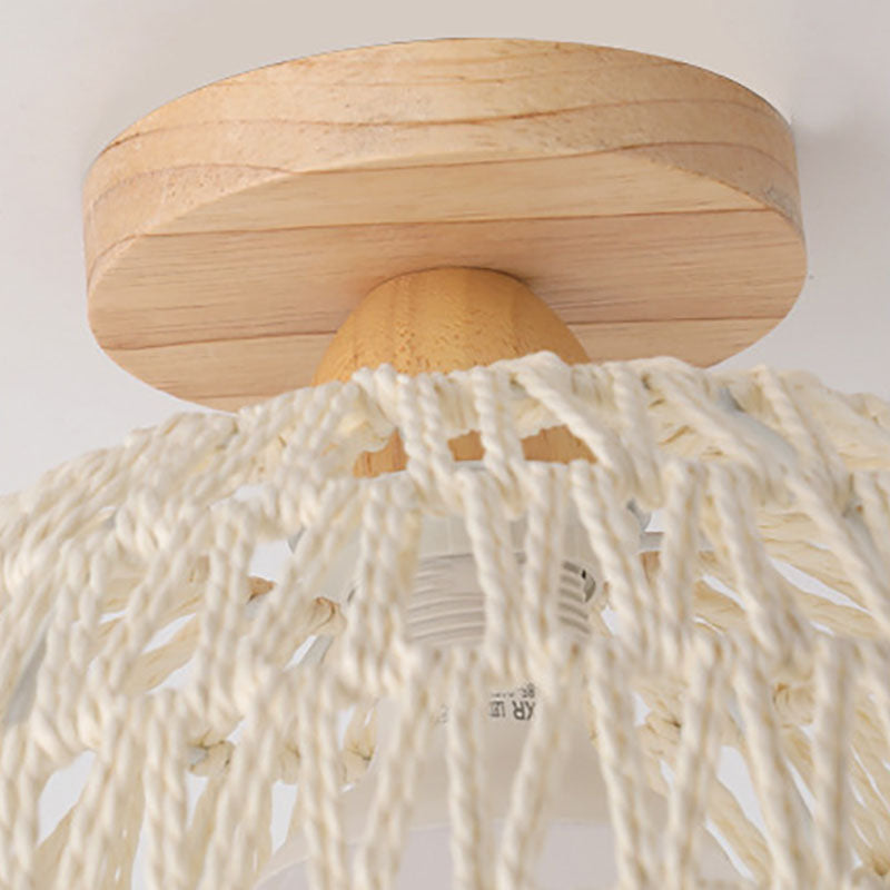 Traditional Japanese Half Round Solid Wood Rattan 1-Light Semi-Flush Mount Ceiling Light For Living Room