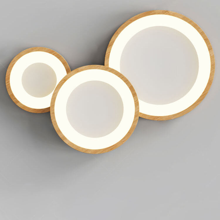 Contemporary Scandinavian Rubberwood Acrylic Log Circle Design LED Flush Mount Ceiling Light For Living Room