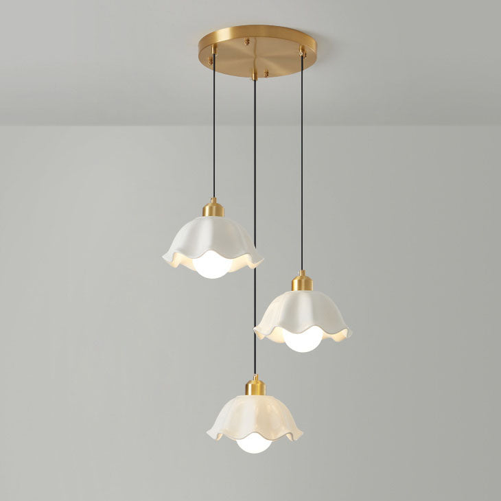 Contemporary Scandinavian Floral All Brass Glass 1/3 Light Island Light Chandelier For Dining Room