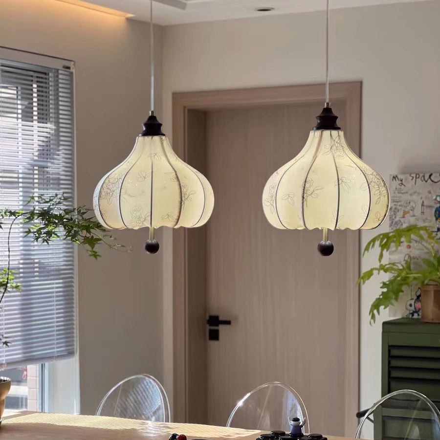 Suspension Luminaire Traditionnel Vintage en Forme de Châtaigne Ronde en Tissu Bois Massif 3/5 Lumières pour Salon 
