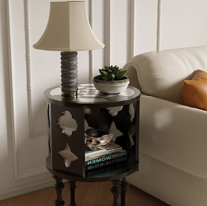 Traditional Vintage Cylinder Round Checkerboard Ash Wood Acrylic End Table 1-Storage For Living Room