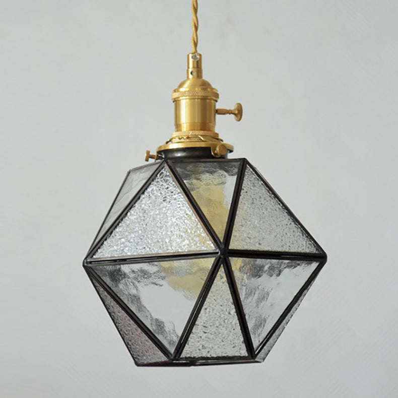 Traditional Tiffany Iron Brass Glass Polygonal Diamond 1-Light Pendant Light For Dining Room