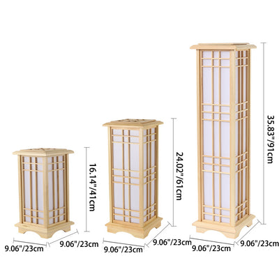 Traditional Japanese Wood Acrylic Pillar Rectangular 1/2/3 Light Standing Floor Lamp For Bedroom