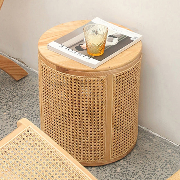 Contemporary Scandinavian Cylindrical Ash Wood Indonesian Rattan Coffee Table For Living Room