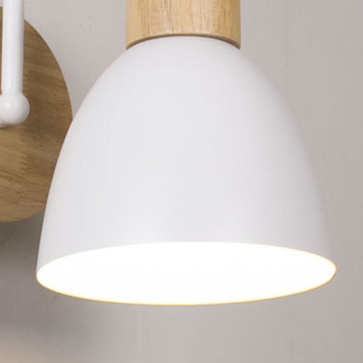 Moderne minimalistische Macaron gebogene Stange Runde Tasse Eisen Holz 1-Licht Wandleuchte Lampe für Schlafzimmer