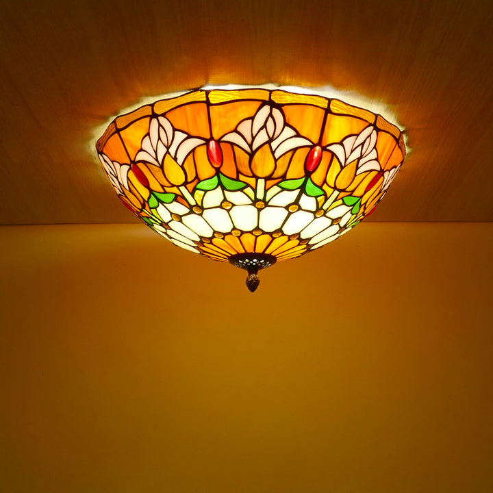 Plafonnier en verre teinté Tiffany Tulip traditionnel à dôme en fer 2/3 lumières pour salon 