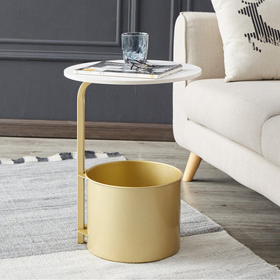 Table d'appoint moderne minimaliste ronde en fer avec plateau en pierre - 1 rangement pour salon 