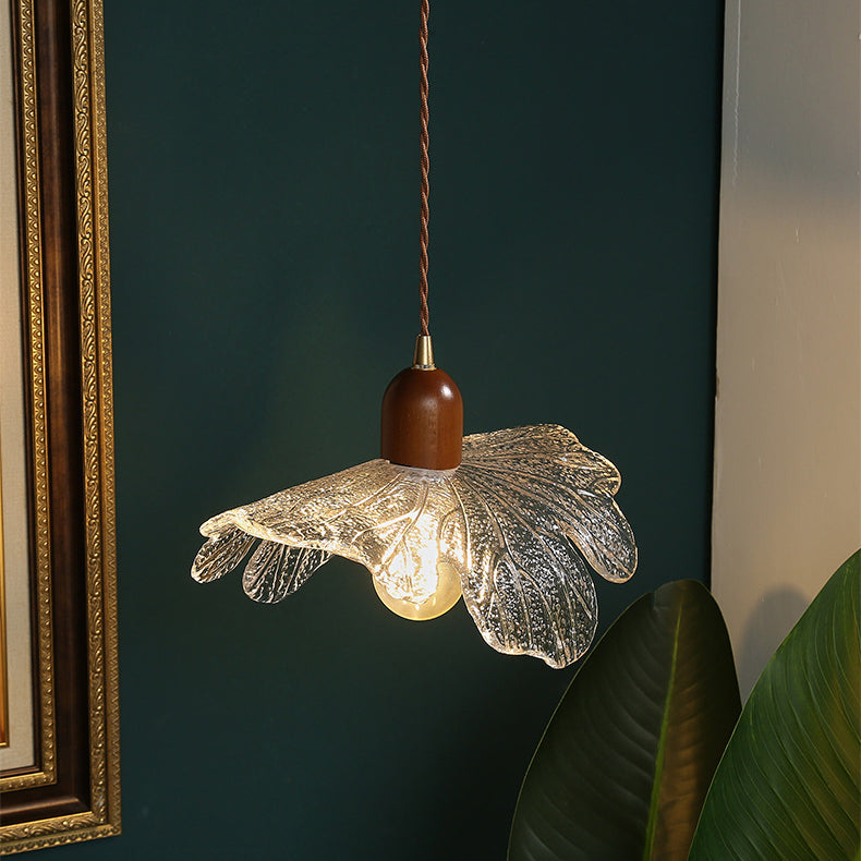 Lustre Suspendu Traditionnel Vintage Cylindre Pétale Verre Laiton Noyer 1 Lumière Pour Chambre 