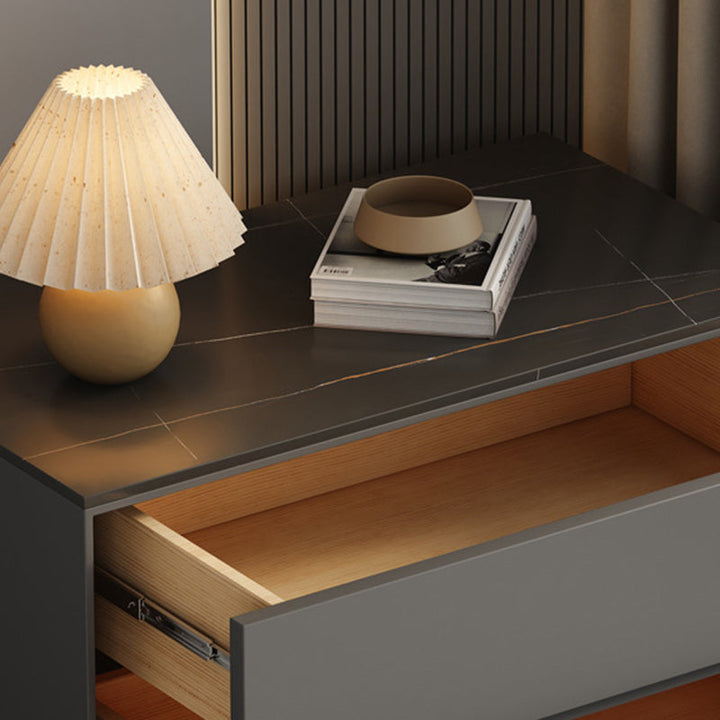 Modern Minimalist Rectangular Sintered Stone Pine Microfiber Leather Nightstand 2-Drawer For Bedroom