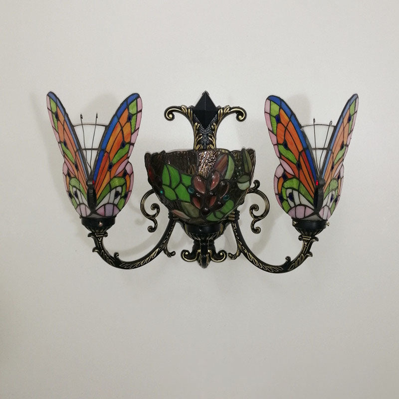 Traditional Tiffany European Butterfly Alloy Iron Glass 3-Light Wall Sconce Lamp For Hallway