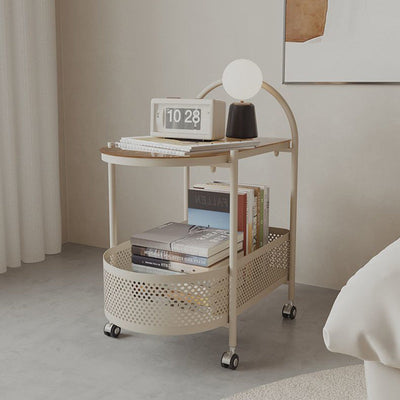 Table d'appoint roulante contemporaine en verre rond avec panier de rangement en fer à 2 niveaux pour salon 