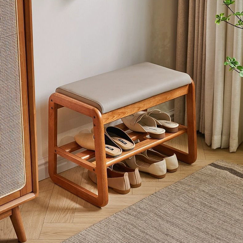 Modern Minimalist Rectangular Rubberwood Faux Leather Shoe Storage Benche For Entryways