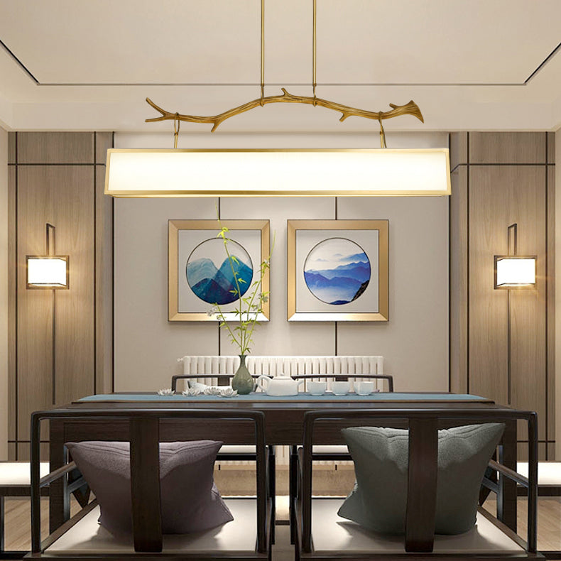 Moderne Art Deco Vollkupfer Zweig Stoff Rechteck Schatten 1-Licht Insel Licht Pendelleuchte für Wohnzimmer 