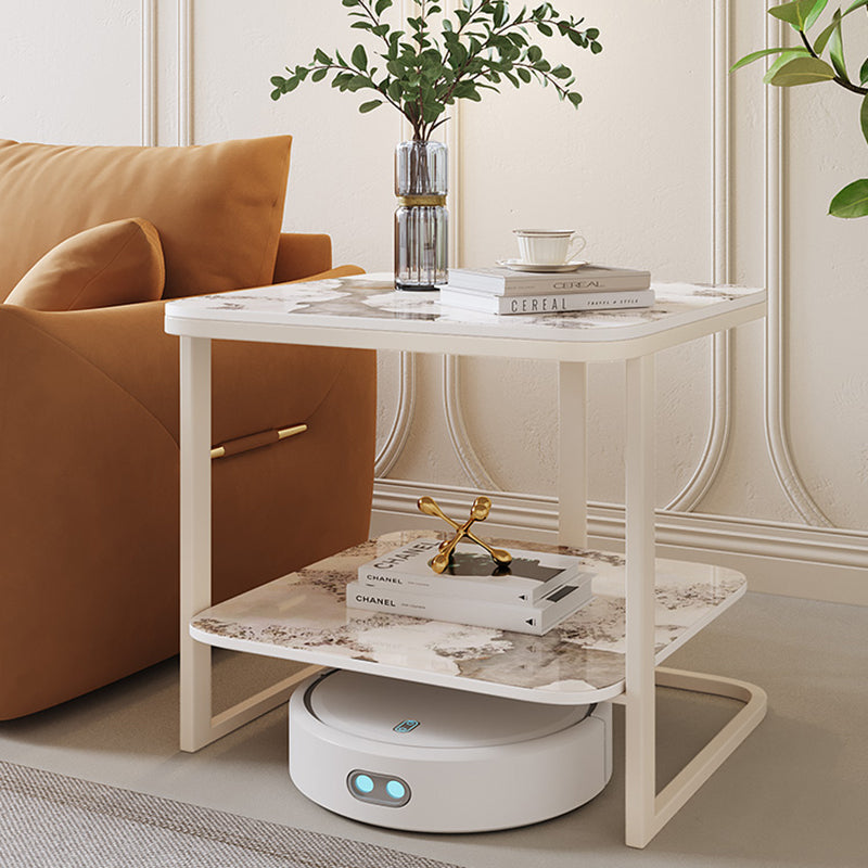 Modern Minimalist Square Sintered Stone Carbon Steel Side Table 2-Tier For Living Room