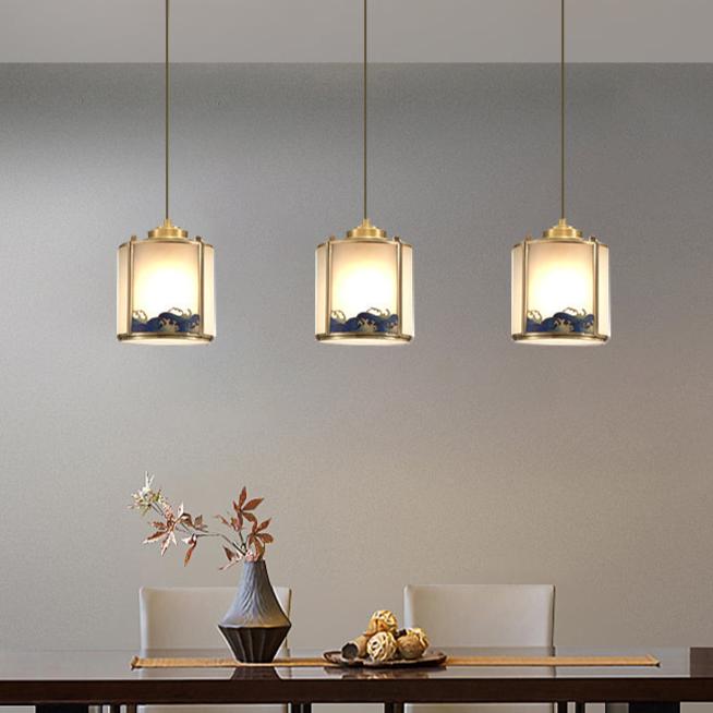Traditionelle chinesische Messingglaszylinder-Pendelleuchte mit 1 Licht für Wohnzimmer 
