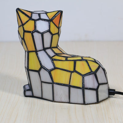 Lámpara de mesa de 1 luz con diseño de gato de vidrio Tiffany tradicional para dormitorio 