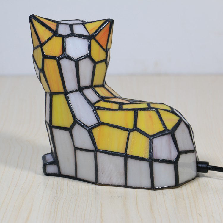 Lámpara de mesa de 1 luz con diseño de gato de vidrio Tiffany tradicional para dormitorio 