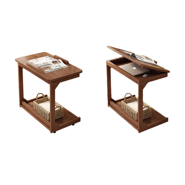 Traditional Vintage Square MDF Rubberwood Flip-top Side Table 2-Tier Storage Shelves For Living Room
