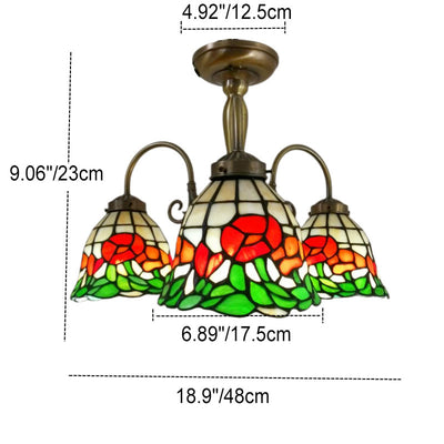 Traditional Tiffany European Rose Stained Glass Bell 3-Light Chandelier For Bedroom