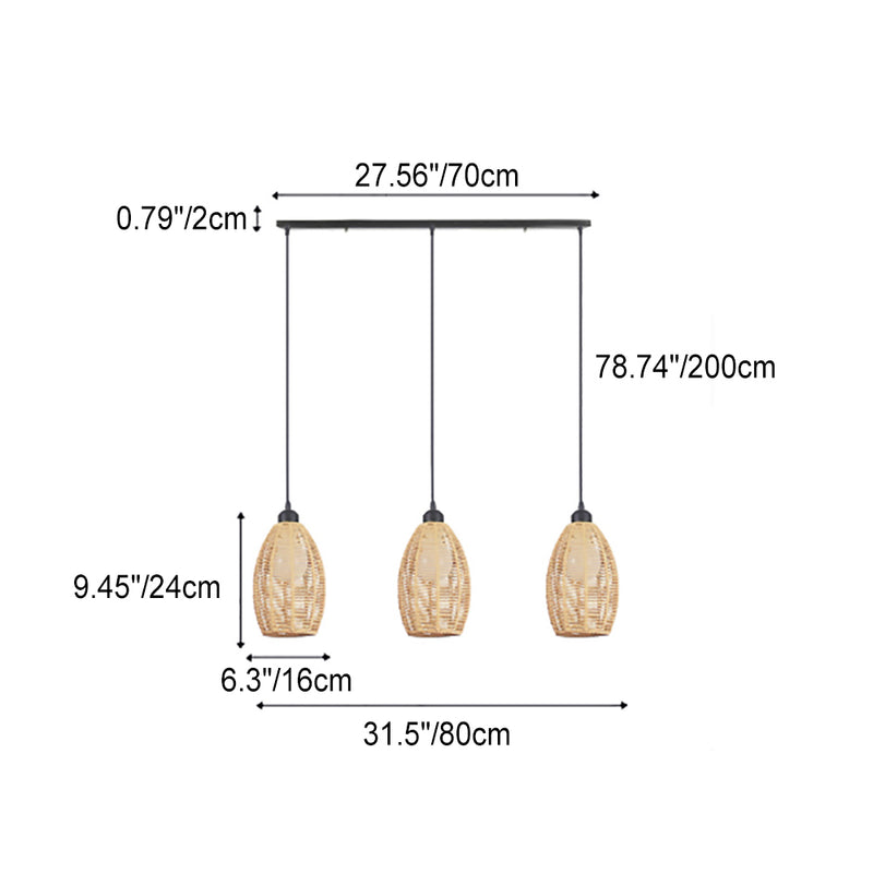 Retro Bamboo Weaving 3-Light Oval Shade Chandeliers