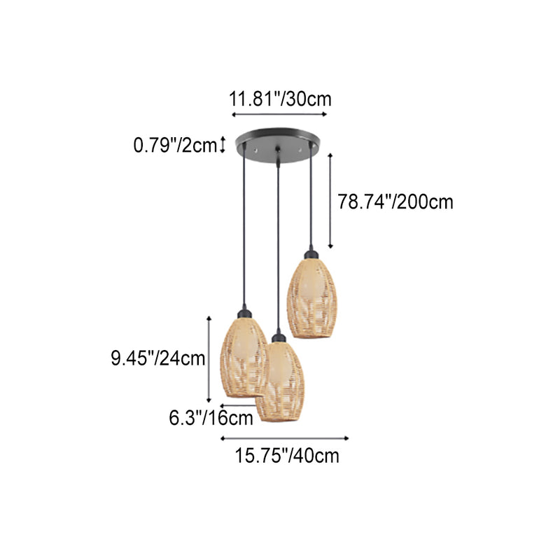 Retro-Kronleuchter aus Bambusgewebe mit 3 Lampenschirmen und ovalem Schirm 