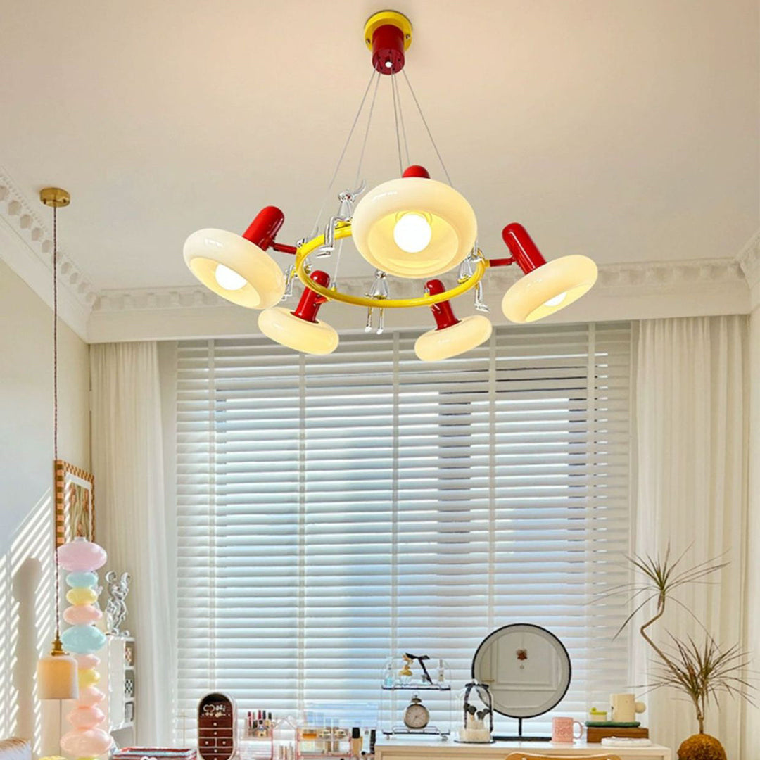 Lámpara de araña contemporánea con anillo de hierro nórdico y pantalla de vidrio de conejo de 3/5/6 luces para sala de estar 