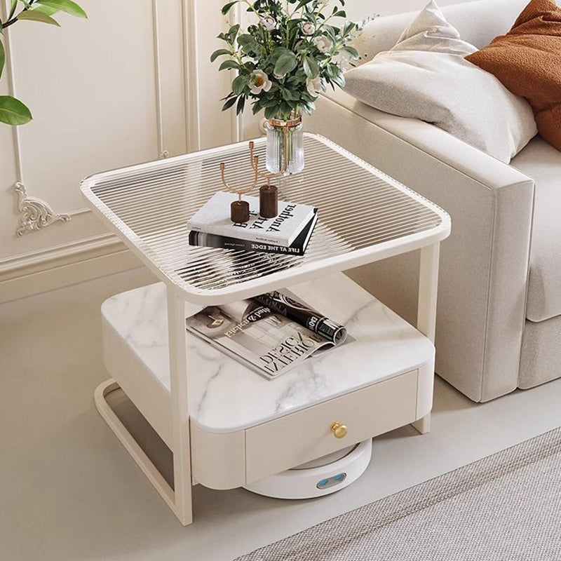 Mesa auxiliar contemporánea nórdica cuadrada de vidrio, metal y madera de 2 niveles para sala de estar 
