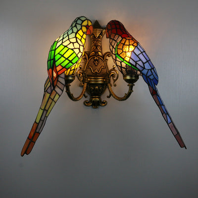 Tiffany Pastoral Double-Headed Parrot Stained Glass 2-Light Wall Sconce Lamp