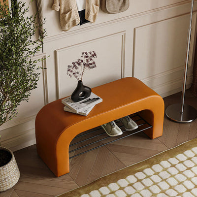 Banc de rangement moderne minimaliste en agneau rectangulaire long en cuir PU avec fer, 1 étagère pour les entrées 