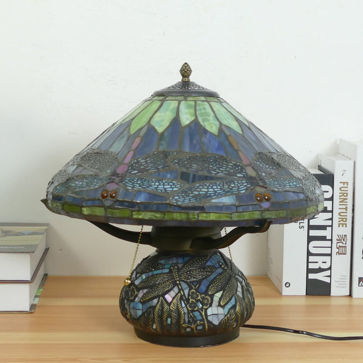 Lampe de table traditionnelle Tiffany en verre de fer conique avec libellule et nénuphar à 2/3 lumières pour étude 