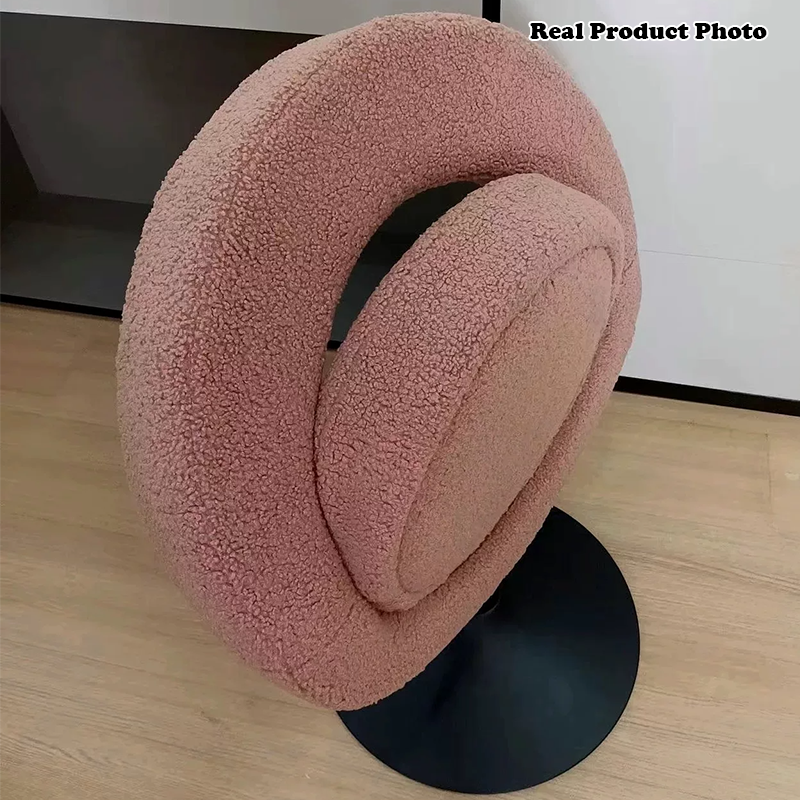 Modern Minimalist Round Lamb Fleece Carbon Steel Height Adjustable Foldable 360°Swivel Vanity Stool Backless Armless For Bedroom